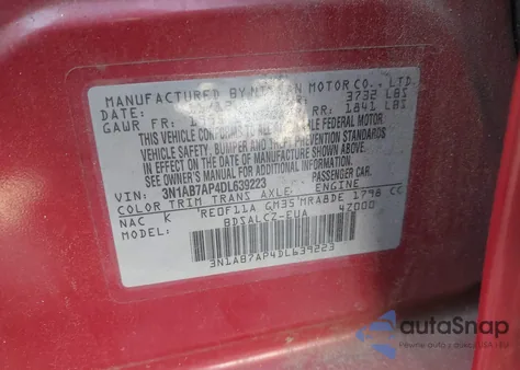 2013 Nissan Sentra S z USA, uszkodzony, nr VIN 3N1AB7AP4DL639223